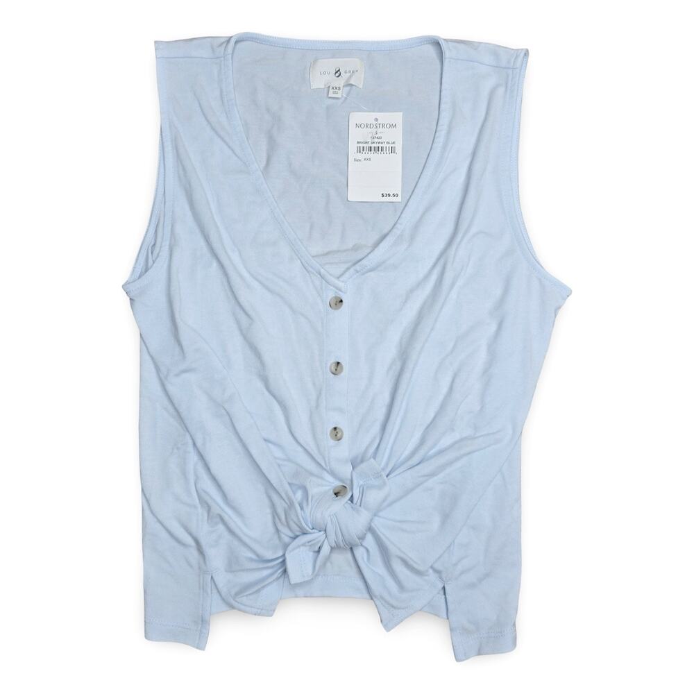 Lou & Grey Women’s XXS Light Blue Front Tie Button Up Sleeveless Tank Top NWT